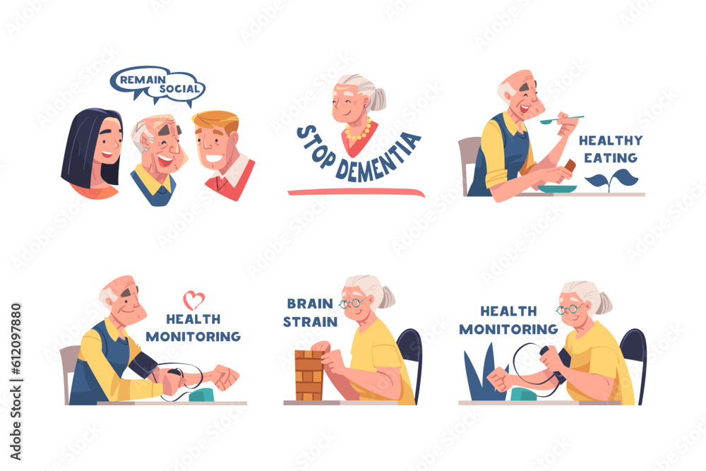 Alzheimer Prevention with Elderly Man and Woman Doing Different Activity Vector Illustration Set Alzheimer Prevention with Elderly Man and Woman Doing Different Activity Vector Illustration Set