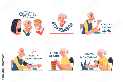 Alzheimer Prevention with Elderly Man and Woman Doing Different Activity Vector Illustration Set