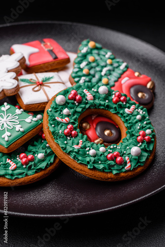 Delicious fresh colorful Christmas or New Year gingerbread cookies