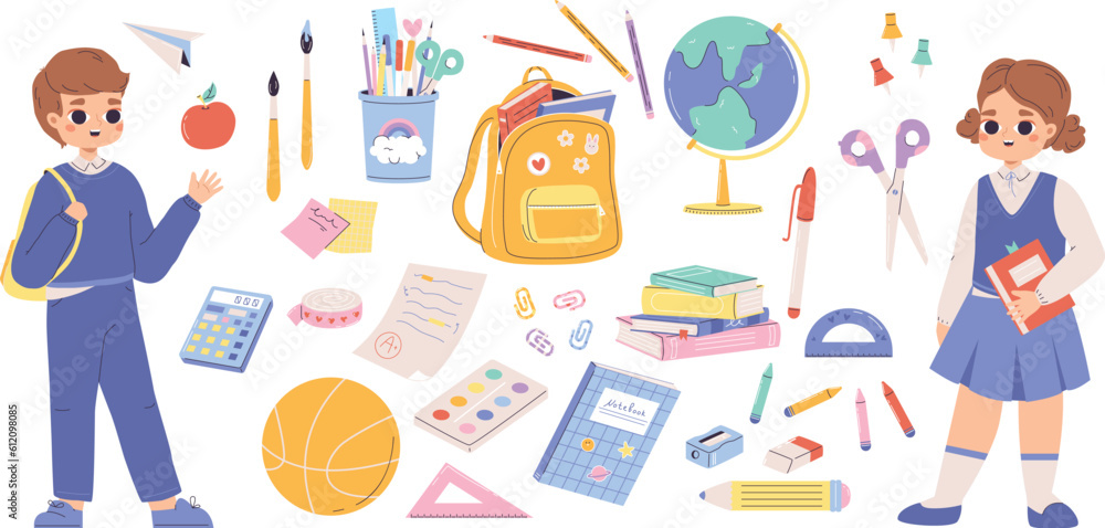Study collection, back to school elements. Cute cartoon kid, stationery and backpack. Isolated paint brushes, pencils and pen. Education snugly vector set Study collection, back to school elements. Cute cartoon kid, stationery and backpack. Isolated paint brushes, pencils and pen. Education snugly vector set