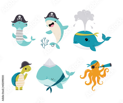 Cute Sea Animal and Underwater Creature Vector Illustration Set