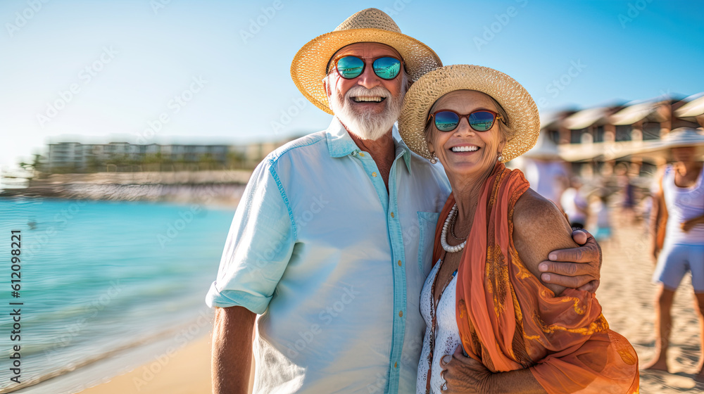 Married couple of American pensioners spend time on a tropical cruise on a huge liner, Summer vacation Generative AI
