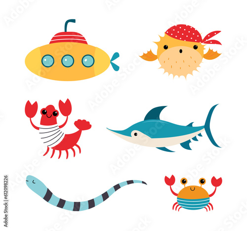Cute Sea Animal and Underwater Creature Vector Illustration Set