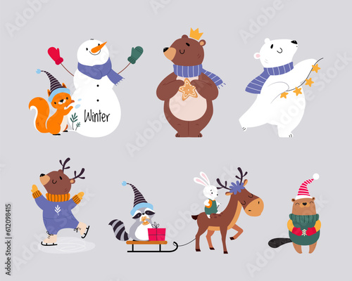 Cute Animal Enjoying Winter Season Vector Illustration Set