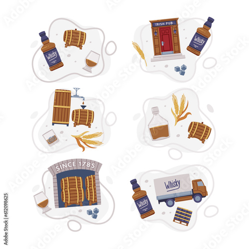 Whiskey Drink Production and Manufacture Vector Composition Set