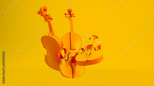 Sticker classic yellow violins isolated on colored background, 3D render