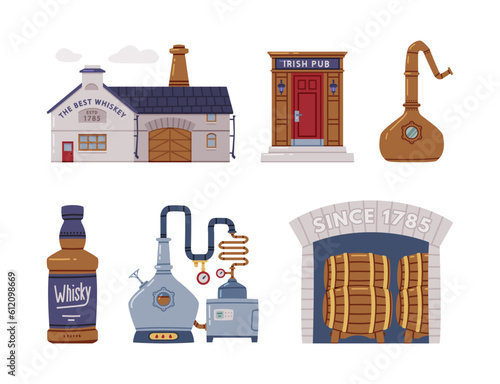 Whiskey Drink Production and Manufacture Vector Set
