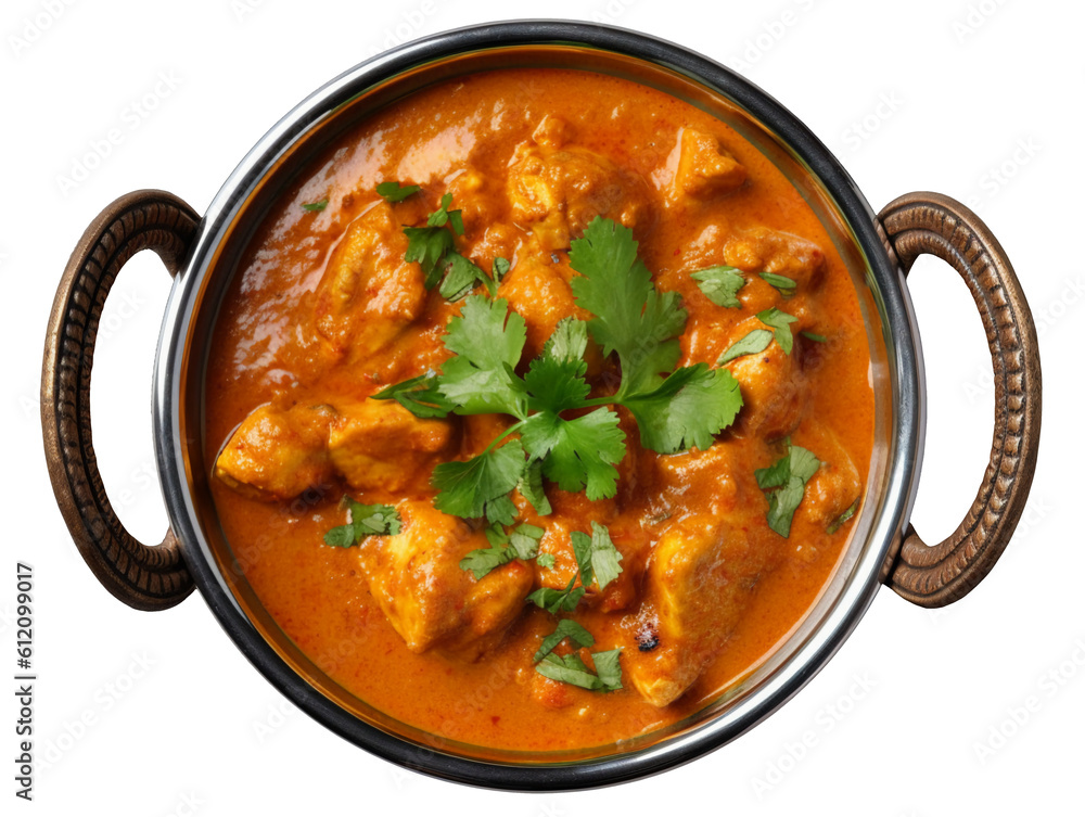Indian butter chicken curry in balti dish isolated on transparent or white background, png - obrazy, fototapety, plakaty 