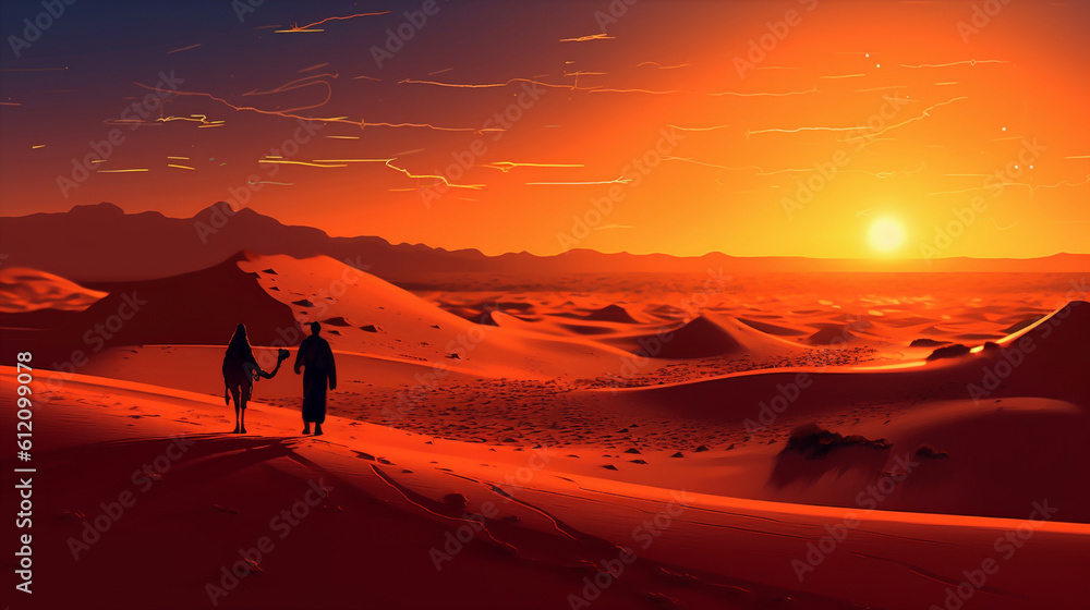 Desert landscape at sunset, with towering sand dunes casting long shadows, a lone camel caravan. Generative ai. Desert landscape at sunset, with towering sand dunes casting long shadows, a lone camel caravan. Generative ai.