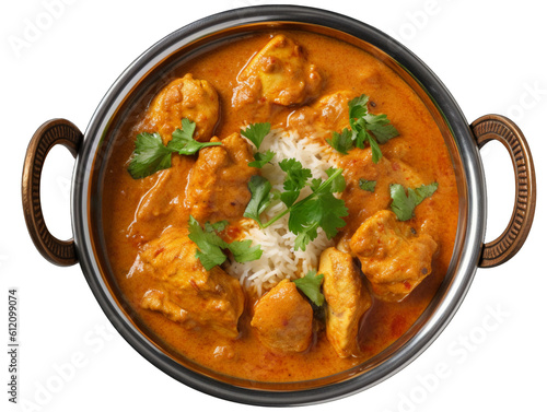 Indian butter chicken curry in balti dish isolated on transparent or white background, png