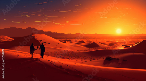 Desert landscape at sunset, with towering sand dunes casting long shadows, a lone camel caravan. Generative ai.