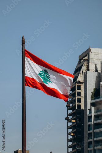 The Lebanese flag in the center of Beirut fluttering in the wind