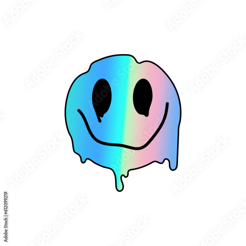 Holographic smile sticker isolated on white background. Holographic gradient rainbow patch - melting head in 90s, 00s, y2k trendy style.