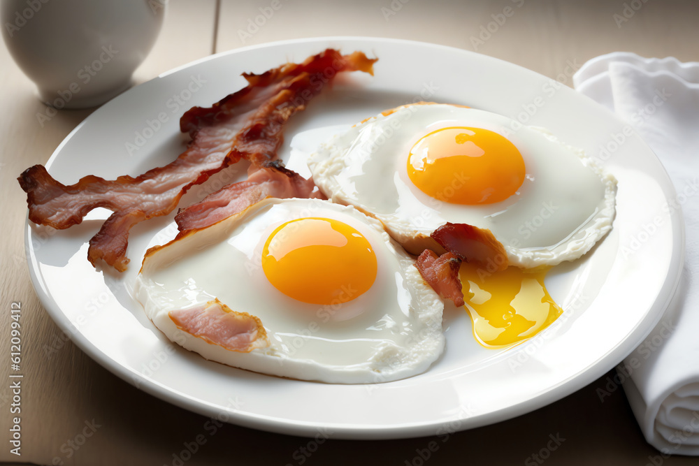 Fried eggs with bacon on white plate for healthy breakfast. Generative AI Fried eggs with bacon on white plate for healthy breakfast. Generative AI