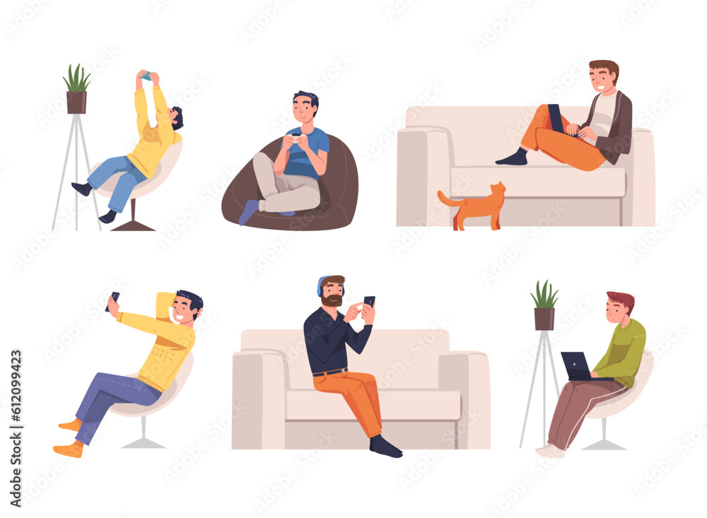 People Character with Digital Device Suffering from Internet Addiction Vector Set