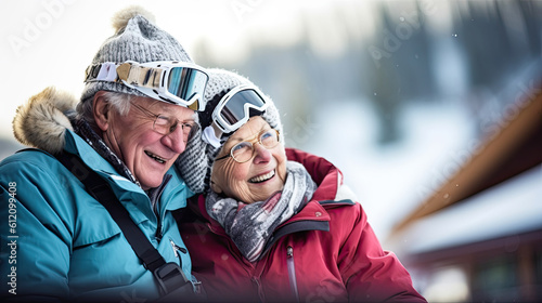 Couple of pensioners have a rest in ski resort. winter holidays Generative AI