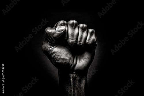 Captivating photography captures the strength and drive of a black fist against a dark background, Generative AI