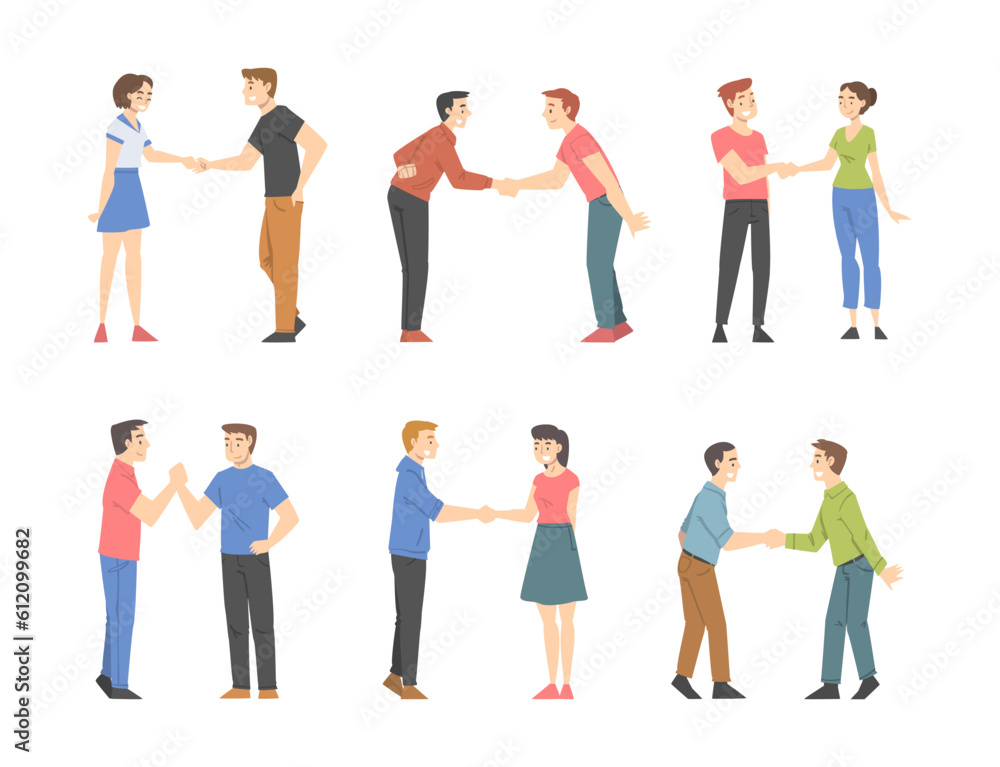 People Character Shaking Hand as Brief Greeting or Parting Tradition Vector Set People Character Shaking Hand as Brief Greeting or Parting Tradition Vector Set