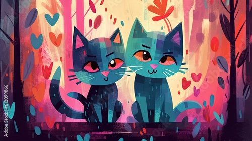 illustration cat couple sitting together in garden, Generative Ai