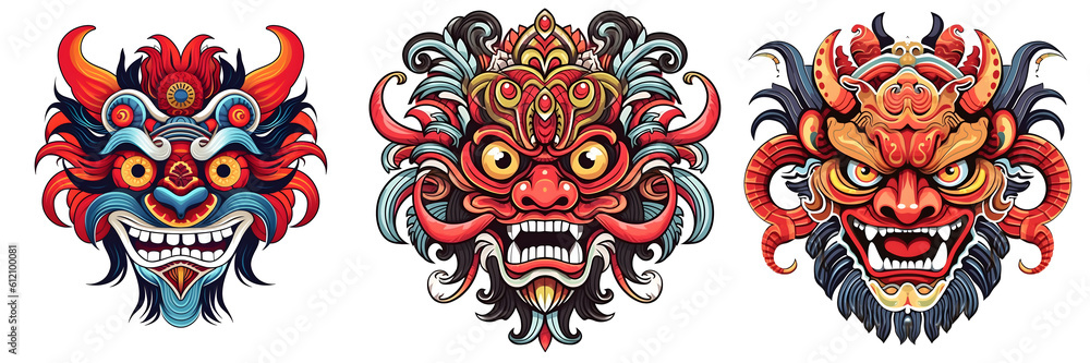 Mask design in traditional balinese motifs, indian mask, colorful cartoon, dynamic and exaggerated facial expressions on white background. Generative ai. Mask design in traditional balinese motifs, indian mask, colorful cartoon, dynamic and exaggerated facial expressions on white background. Generative ai.