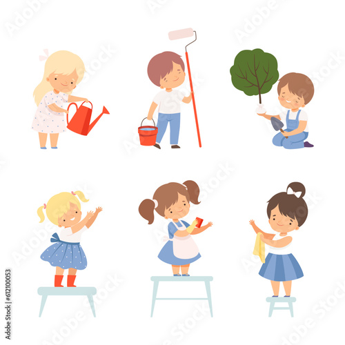 Little Boy and Girl Taking Care of Planet Earth Vector Illustration Set