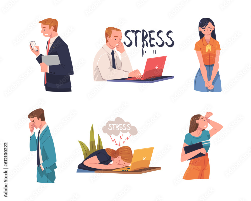 Young Busy Man and Woman Character in Stress Feeling Tired and Exhausted Sitting at Laptop Vector Illustration Set Young Busy Man and Woman Character in Stress Feeling Tired and Exhausted Sitting at Laptop Vector Illustration Set