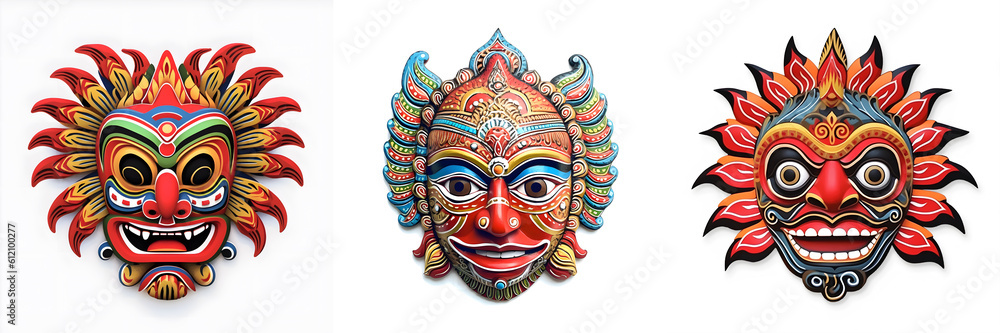 Mask design in traditional balinese motifs, indian mask, colorful cartoon, dynamic and exaggerated facial expressions on white background. Generative ai.