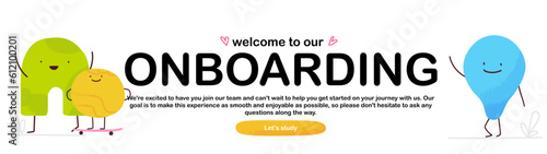 Banner Welcome to Onboarding. Illustration with funny characters - geometric shapes. Vector business illustration