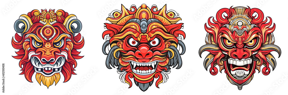 Mask design in traditional balinese motifs, indian mask, colorful cartoon, dynamic and exaggerated facial expressions on white background. Generative ai. - obrazy, fototapety, plakaty 