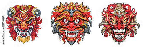 Mask design in traditional balinese motifs, indian mask, colorful cartoon, dynamic and exaggerated facial expressions on white background. Generative ai. photo