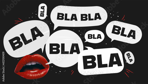 Collage poster. Doodles chalked up on a blackboard. Spitballs with blah blah text. Beautiful womans lips cut out of paper. Vector illustration. Modern vintage pop art. photo