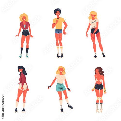 Retro Dressed People Roller Skater Roller Skating and Smiling Vector Set