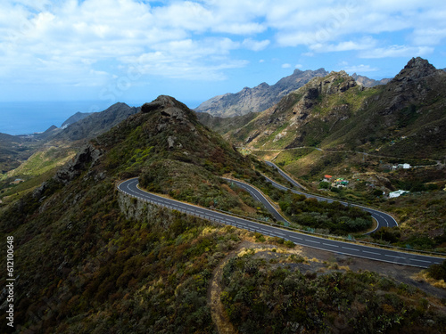Great landscape of Anaga Mountains in Tenerife, Spain. Beautiful volcanic island. Asphalt curvy road in the mountains.