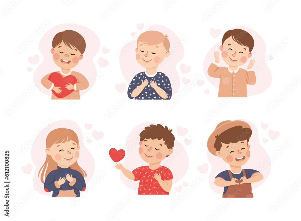 Self-love with Children Admiring Themselves Loving Their Appearance Vector Set Self-love with Children Admiring Themselves Loving Their Appearance Vector Set