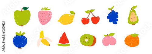 Cute trendy fruits and berries, drawn with marker, in the style of a child's drawing. A pack of texture vector elements. Bright children's illustrations.