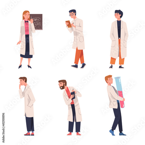 People Scientist Character Working in Laboratory Engaged in Research Vector Set