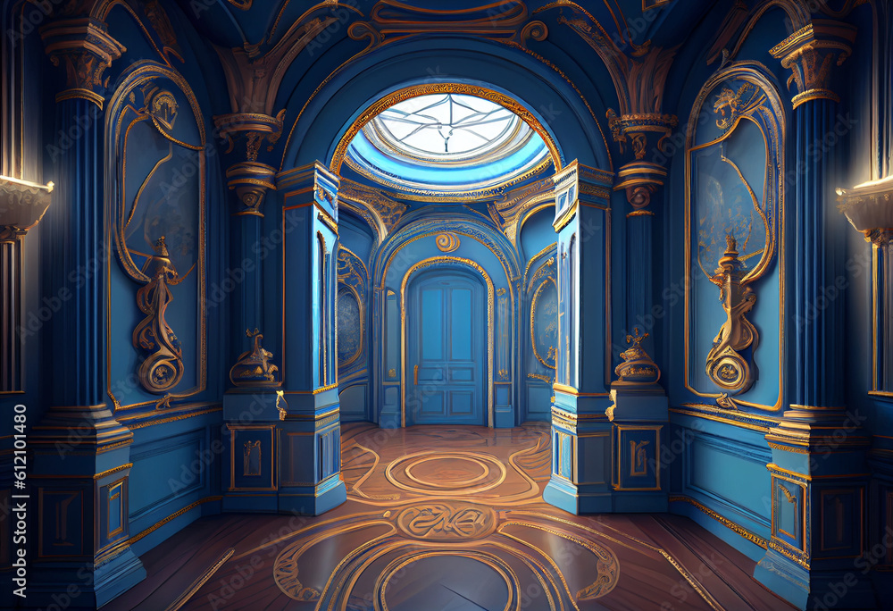 Obraz premium Photorealistic interior of a castle or palace decorated with blue ornamental stone and gold. AI generative.
