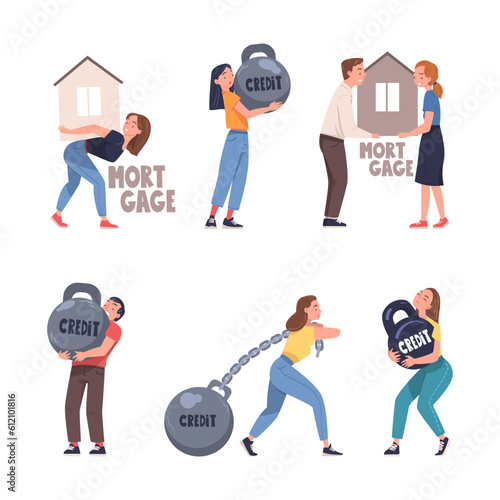 Severity of Mortgage with People Carrying and Pulling Heavy Burden of Credit Vector Set