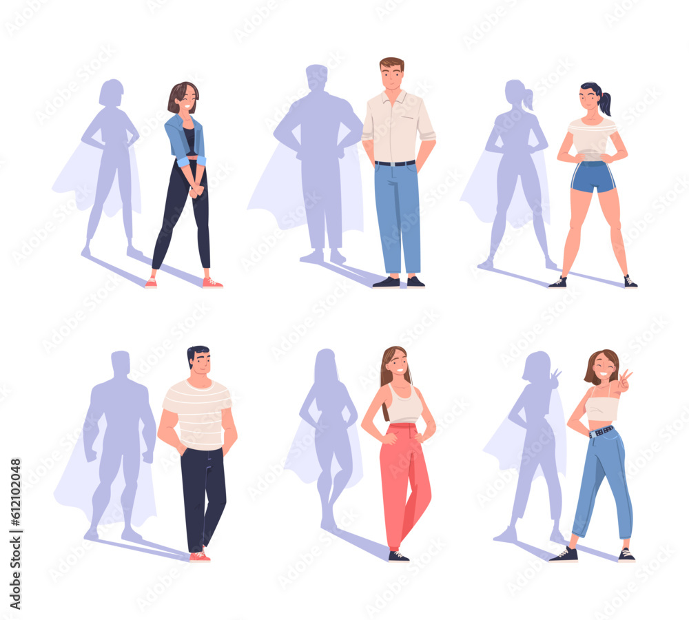 Shadow of Superhero with People Character Standing and Smiling Vector Set
