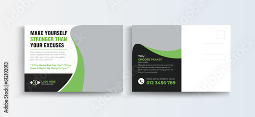 Fitness gym Post Card Design Template, Sports Postcard Template, Vector Template, Professional Business Postcard Design, Event Card Design, Invitation Design, Direct Mail EDDM Template.