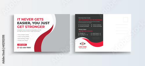 Fitness gym Post Card Design Template, Sports Postcard Template, Vector Template, Professional Business Postcard Design, Event Card Design, Invitation Design, Direct Mail EDDM Template.
