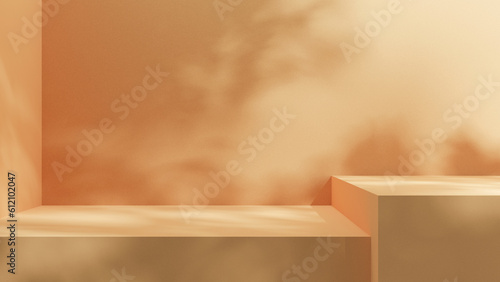 Empty room interior stage background for design products and presentations with sunlight and shadows pastel color, summer product stage mock up