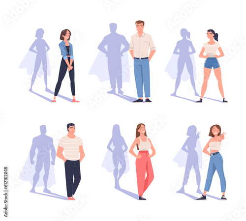Shadow of Superhero with People Character Standing and Smiling Vector Set