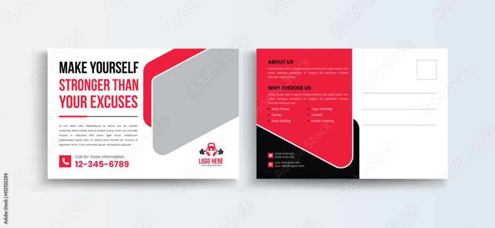 Fitness gym Post Card Design Template, Sports Postcard Template, Vector Template, Professional Business Postcard Design, Event Card Design, Invitation Design, Direct Mail EDDM Template.
