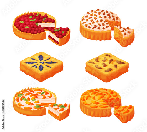 Baked Pie Made from Pastry Dough with Sweet Fruit Filling and Cream Vector Set