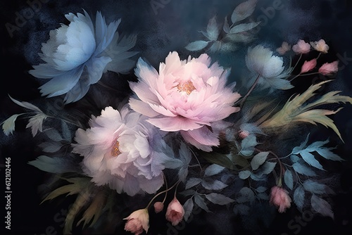 blue and pink pastel painted flowers over dark background