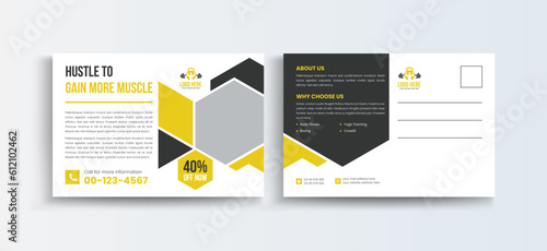 Professional Business Postcard, Creative Fitness Post Card Design Template, Postcard Template, Vector Template, Event Card layout, Invitation card, Direct Mail EDDM template. Gym postcard design.