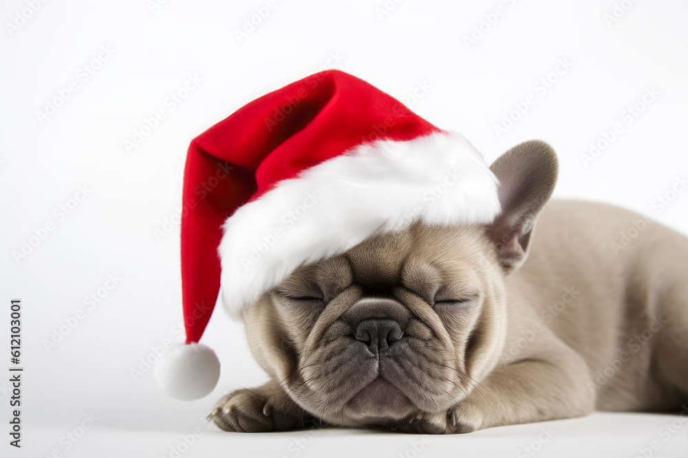 Cute little puppy in Santa hat sleeping on white background. Christmas concept. Generative AI.