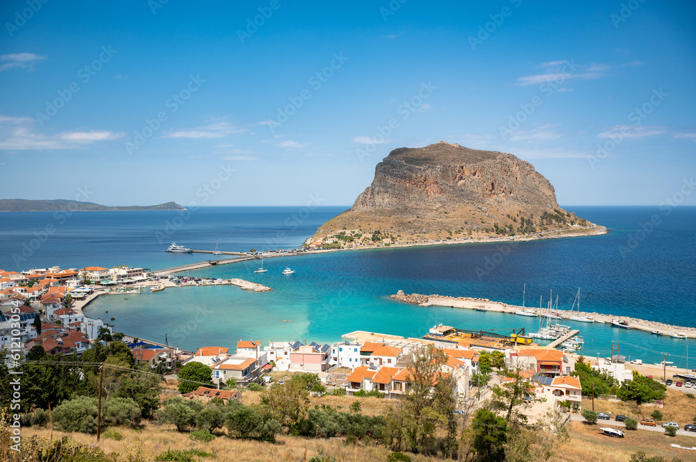 Old town of Monemvasia in Greece in the Peloponnese on a sunny day with blue water