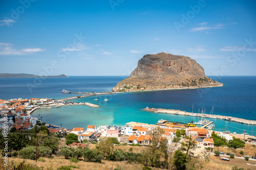 Old town of Monemvasia in Greece in the Peloponnese on a sunny day with blue water